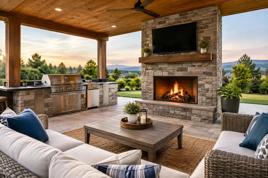 Outdoor Living Space with Kitchen and Fireplace