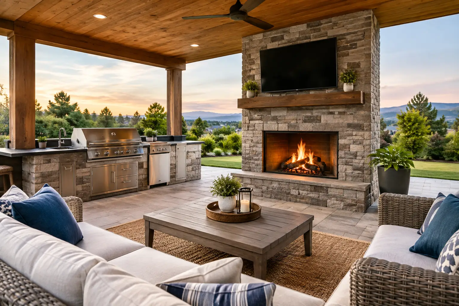 Outdoor Living Space with Kitchen and Fireplace
